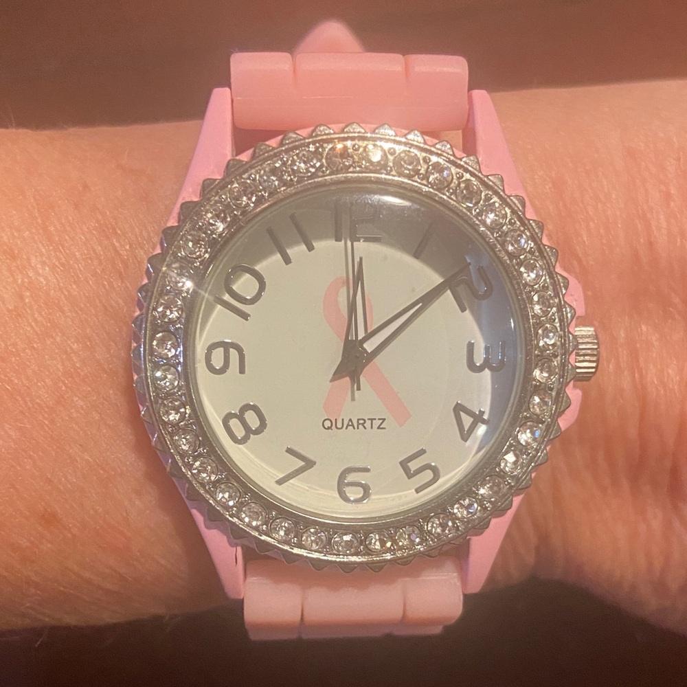 Pink Breast Cancer Awareness Quartz Watch with Rhinestone Bezel
